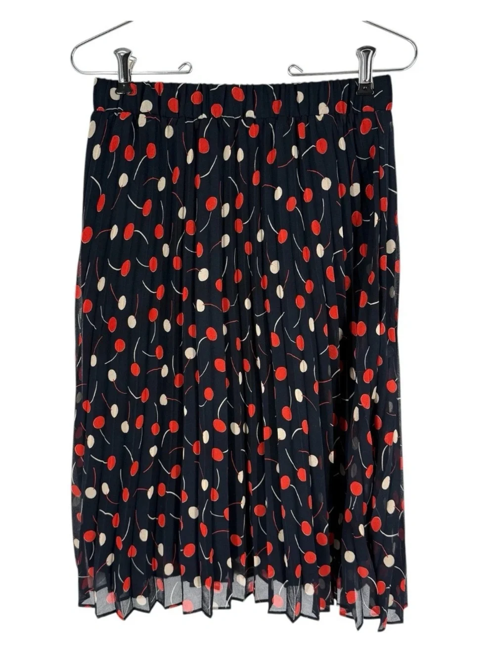 Ann Taylor Pleated Skirt Womens Size XSP Navy Cherry Novelty Print Flowy Lined